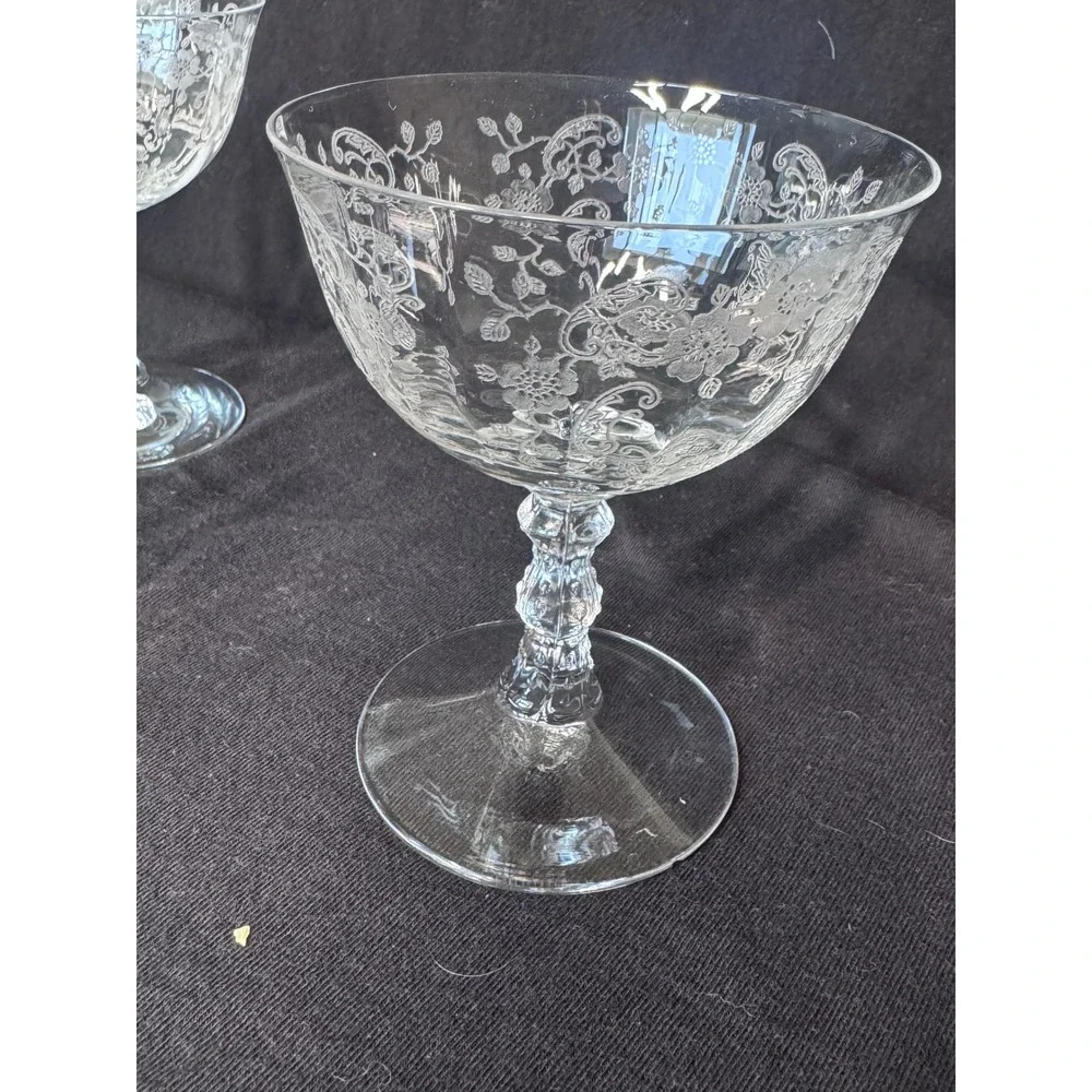Vintage Etched Crystal Champagne Coupes Set of 4 Floral Scroll Cocktail Glasses